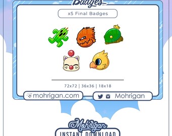 5x Final Fantasy Twitch Badges, Kawaii Video Game Sub Badges for Streamers & Gamers