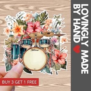 Cute sticker featuring a drum set with flowers made with water resistant vinyl ideal for water bottle, laptop, kindle, cell, book, drum case