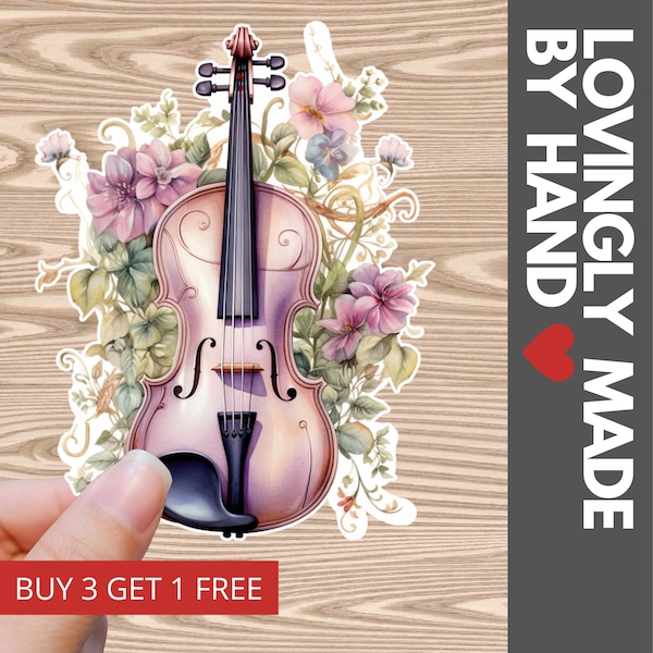 Cute sticker featuring a violin with flowers made with water resistant vinyl ideal for violin case, water bottle, laptop, kindle, cell, book
