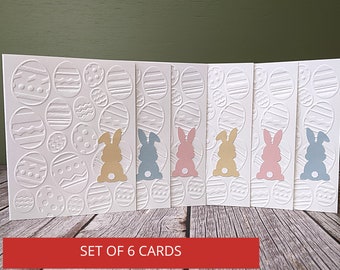 Set of 6 Embossed Easter Egg Cards with pastel colored bunnies, Greetings Cards,