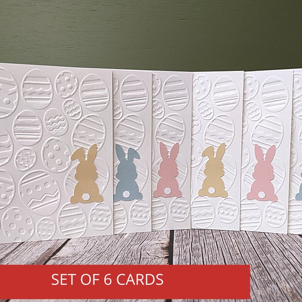 Set of 6 Embossed Easter Egg Cards with pastel colored bunnies, Greetings Cards,