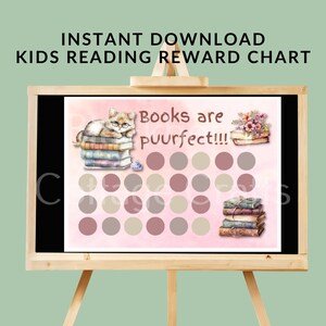 Kid&#39;s Cute Cat Reading Reward Chart, Digital Download,  includes three cat bookmarks and reward stickers. Get your child reading!