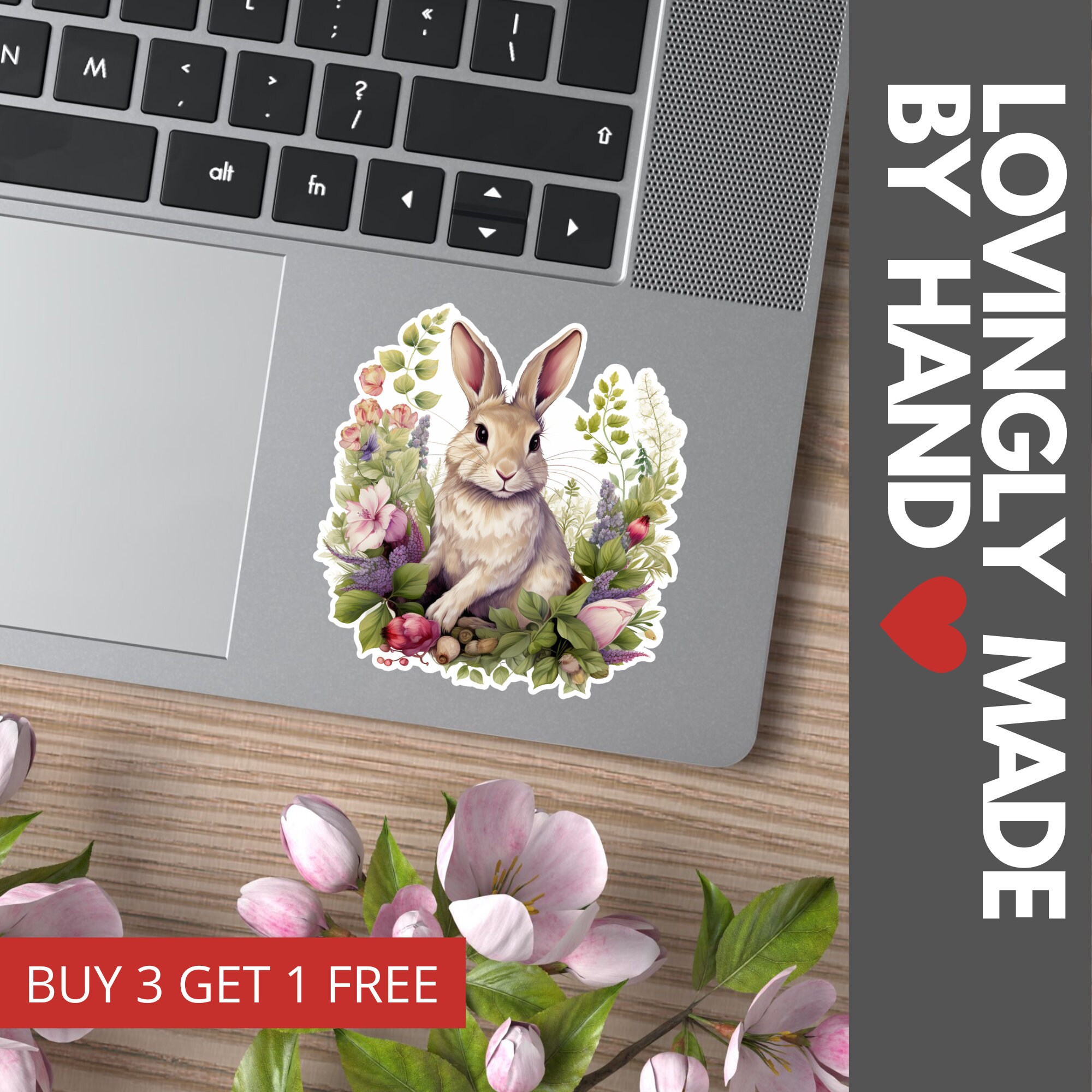 Cute Sticker Featuring a Rabbit With Flowers Made With Water Resistant ...