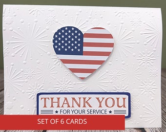 Set of 6 Handmade Thank You for your Service Cards, Handmade Happy Veterans Day Cards, Military Cards, Patriotic Cards,