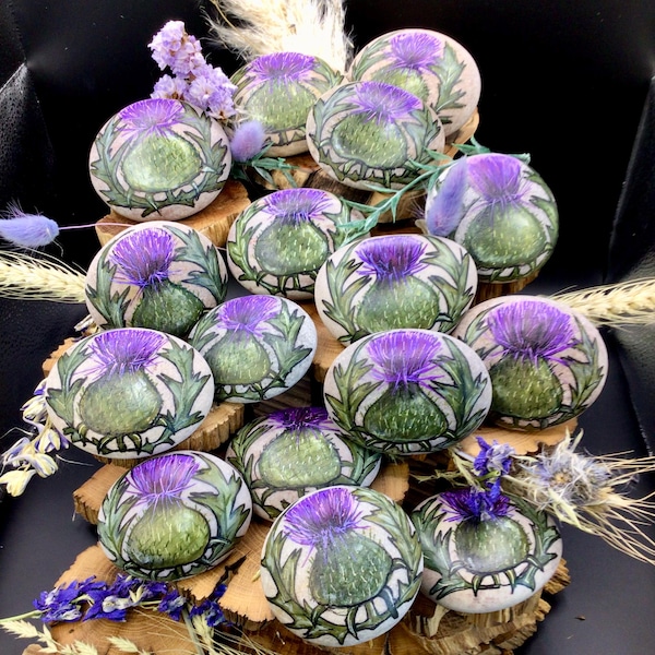 Hand Painted Scottish Thistle Pebble: Flower of Scotland Stone rock Ornament