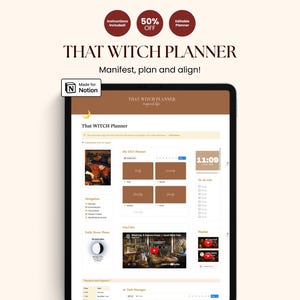 May include: A digital planner interface titled That Witch Planner displayed on a tablet screen. The layout features a brown header, a Notion logo, a 2025 planner section, a to-do list, a moon phase tracker, and embedded video content with a dark aesthetic.