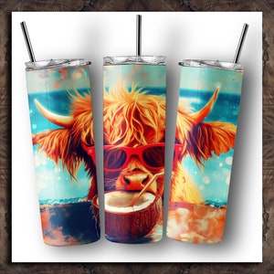 Seamless Summertime Highland Cow Painting Tumbler Wrap 20 oz Skinny Tumbler Sublimation Design Digital Download PNG Instant DIGITAL ONLY