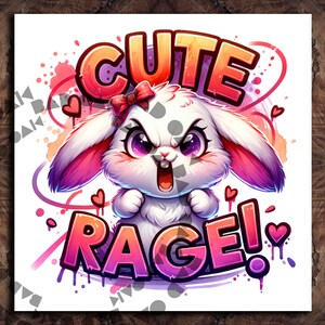 Op de afbeelding: Digitale illustratie van een boos wit konijn met een rode strik, paarse ogen en een open mond. De woorden "CUTE RAGE!" staan boven en onder het konijn in een graffiti-achtige lettertype, met harten en verfspatten.