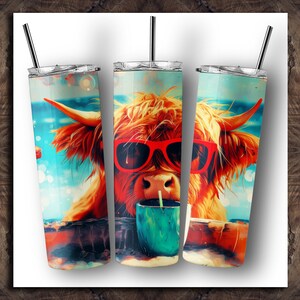 Seamless Summertime Highland Cow Painting Tumbler Wrap 20 oz Skinny Tumbler Sublimation Design Digital Download PNG Instant DIGITAL ONLY