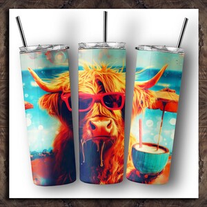 Seamless Summertime Highland Cow Painting Tumbler Wrap 20 oz Skinny Tumbler Sublimation Design Digital Download PNG Instant DIGITAL ONLY