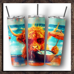 Seamless Summertime Highland Cow Painting Tumbler Wrap 20 oz Skinny Tumbler Sublimation Design Digital Download PNG Instant DIGITAL ONLY