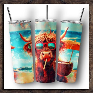 Seamless Summertime Highland Cow Painting Tumbler Wrap 20 oz Skinny Tumbler Sublimation Design Digital Download PNG Instant DIGITAL ONLY