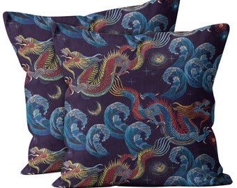 Set of 2, Chinese Dragons Sea Wave Print,  Throw Pillow Cover, Double Side Printed 16''X16'' 18"x18" 20''X20"-Decorative Case.Print -