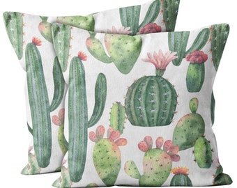 Set of 2, Watercolor Cacti Succulent Pattern,  Throw Pillow Cover, Double Side Printed 18"x18" Decorative Case.Print -