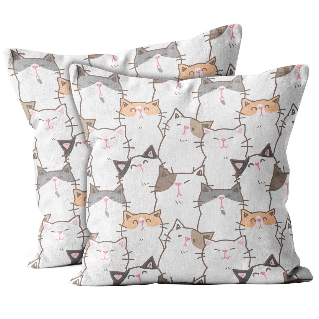 Set of 2, Cute Cartoon Cat Print, Throw Pillow Cover, Double Side
