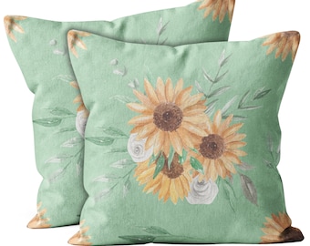 Set of 2, Sunflower Green Leaves Print Pattern,  Throw Pillow Cover, Double Side Printed 18"x18" Decorative Case.Print -