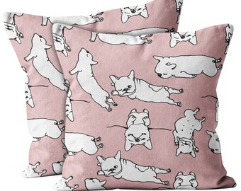 Set of 2, Happy Lazy French Bulldog Print,  Throw Pillow Cover, Double Side Printed 18"x18" Decorative Case.Print -