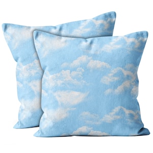 May include: Two blue throw pillows with a white cloud pattern. The pillows are made of a soft, plush fabric.