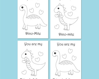 Valentine's Day Dinosaur Printable Coloring Cards, Dinosaur Party Activity, School Classroom Valentine Card, Kids Dinosaur Coloring