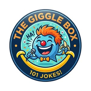 May include: A circular logo for "The Giggle Box" featuring a cartoon character with blue skin, orange hair, and a red nose. The character holds a microphone and a banana. The logo includes the text "101 Jokes!"