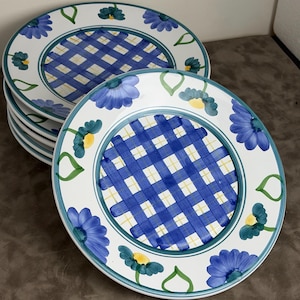 Può includere: Una pila di piatti in ceramica bianca con un motivo centrale a quadri blu e bianchi. Il bordo di ogni piatto è decorato con un disegno dipinto a mano di fiori blu simili a margherite con centri gialli e foglie verdi su sfondo bianco.