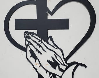 Cross hands heart praying metal sign USA made