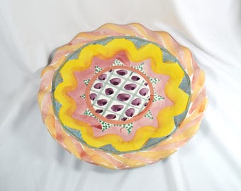 Lg 11" Serving  Platter Plate Fluted Scalloped Edge MacKenzie-Childs Hand-painted