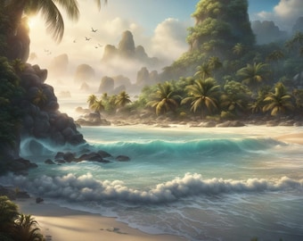 Tropical Island Sunset Print: Coastal Jungle Beach Art (Digital Download, 12x12in JPGs)