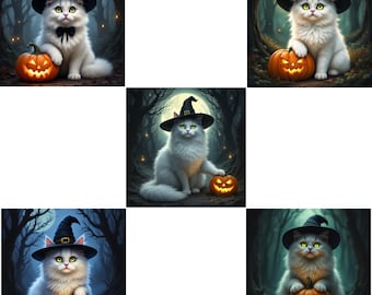 Halloween Cat Print Set | Spooky White Cat with Pumpkin (Digital Download)