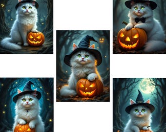 Halloween Cat Print Set: White Cat with Pumpkin (Digital Download)