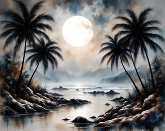 Moonlit Tranquility – Japanese Sumi-e Ink Inspired Tropical Landscape Ink Painting 16" x 12"  4:3 ratio | Zen Wall Art | Digital Download