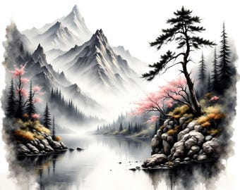 遠くの山々。日本の伝統的な水墨画、墨絵、デジタルダウンロード