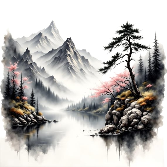 日本の墨絵山水版画：禅の水墨画（デジタルダウンロード） - Etsy 日本