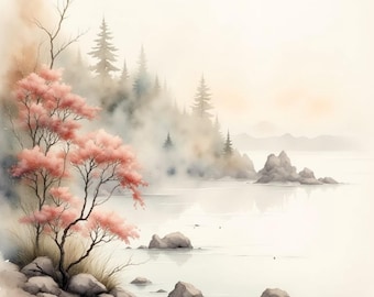 Japanese Watercolor Landscape Print: Misty Lake, Cherry Blossom (Digital Download 9x12in JPG)