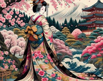 Japanese Geisha Art Print: Cherry Blossom Pagoda, Oriental Decor (Set of 5) (Digital Download)