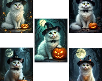 Halloween Cat Print Set: Witchy White Cat with Pumpkin (Digital Download)
