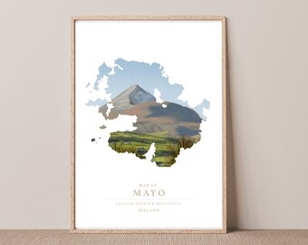 Mayo Map  - Croagh Patrick Irish map - Landmark Art  - Irish Hand Drawn illustration - Travel Art - by Póstaer