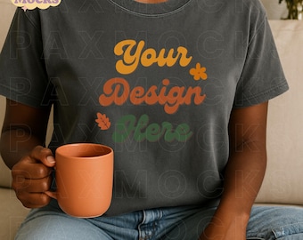 Paquete de maquetas de camisetas afroamericanas de otoño con estampado de pimientos Comfort Colors 1717, maqueta de camiseta para niña negra, maqueta de camiseta para mujer con estampado de pimientos CC1717, maqueta de camiseta para mujer negra