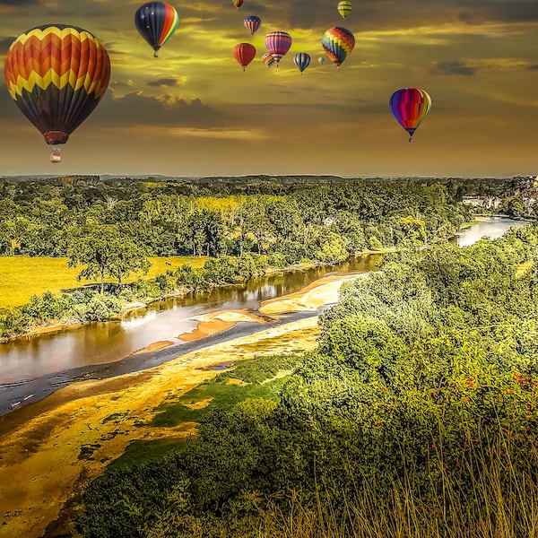 MONTGOLFIERE, flying balloon, photo on canvas, valley flyover in hot air balloon, visit of Anjou by hot air balloon