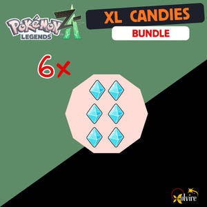 Peut inclure: Image présentant un ensemble de six bonbons bleus en forme de diamant, étiquetés "XL CANDIES BUNDLE". Les bonbons sont sur un fond rose, avec le chiffre "6x" en rouge. Le fond est vert et noir, avec le logo "Pokémon Legends".