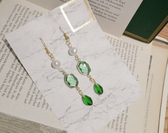 Boucles d'oreilles en perles émeraude de la saison, cristal Bridgerton, acier inoxydable, or, perle d'eau douce, véritable perle verte