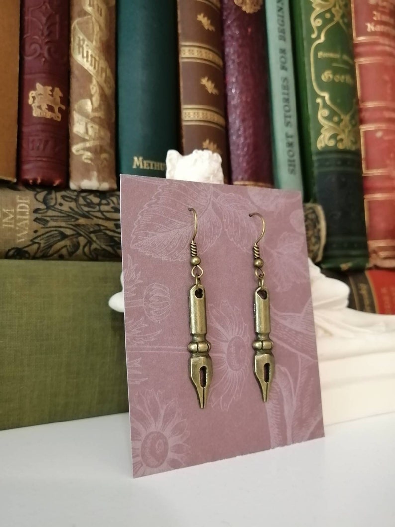 Quill pen earrings antique bronze vintage fountain pen Dark Academia image 2