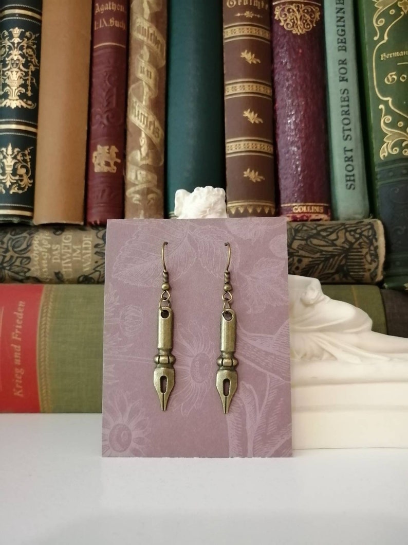 Quill pen earrings antique bronze vintage fountain pen Dark Academia image 1