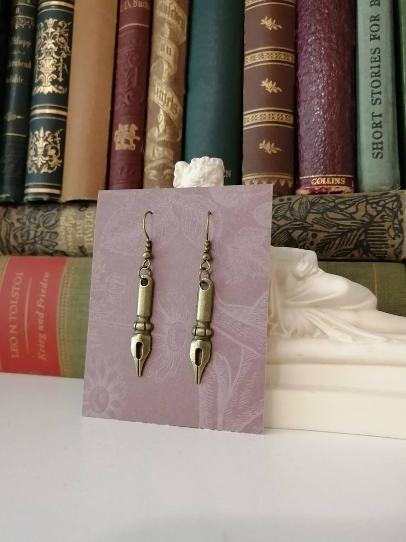 Quill pen earrings antique bronze vintage fountain pen Dark Academia image 3