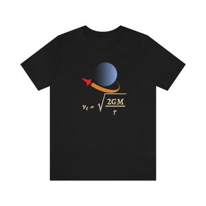 May include: Black t-shirt with a graphic of a blue planet with a red rocket and the equation for escape velocity: vₑ = √2GM/r