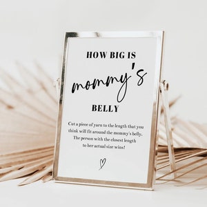 Qual é o tamanho do jogo da barriga da mamãe | Qual é o tamanho da barriga da mamãe | Quão grande é a barriga dela | Jogo de chá de bebê para impressão | Sinal de chá de bebê | Modelo