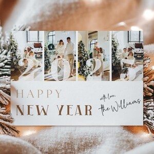 de Carte de vœux pour le Nouvel An | Collage de photos de famille Happy New Year pour les fêtes de fin d'année | Carte postale neutre minimale DIY | Modèle modifiable