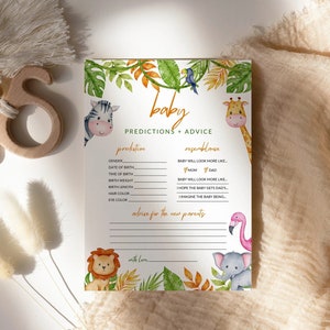 Carta di previsioni per bambini Safari / Giochi per baby shower nella giungla verde / Consigli e desideri per futuri genitori / Modello selvaggio per baby shower