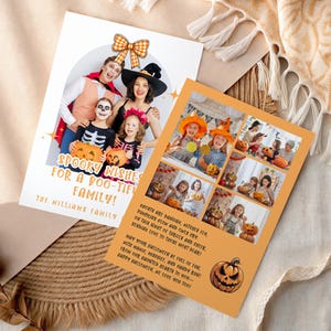 Postal familiar de Halloween, tarjeta personalizada espeluznante para las fiestas de otoño, linda ilustración de una familia de calabazas, saludo de Halloween imprimible, correo de otoño