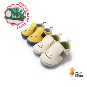 Indoor baby cartoon smiley canvas baby vrijetijdsschoenen, babyslofjes zachte zool, aangepaste wieg babyslofjes, kraamcadeau, grappige pasgeboren schoenen
